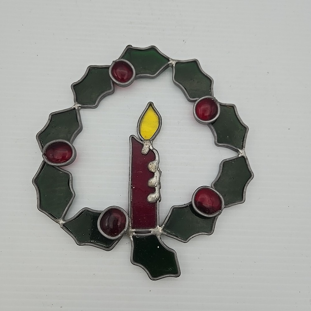 Stained Glass Holly Wreath and Berries with Candle Christmas Suncatcher 7.5 Inch